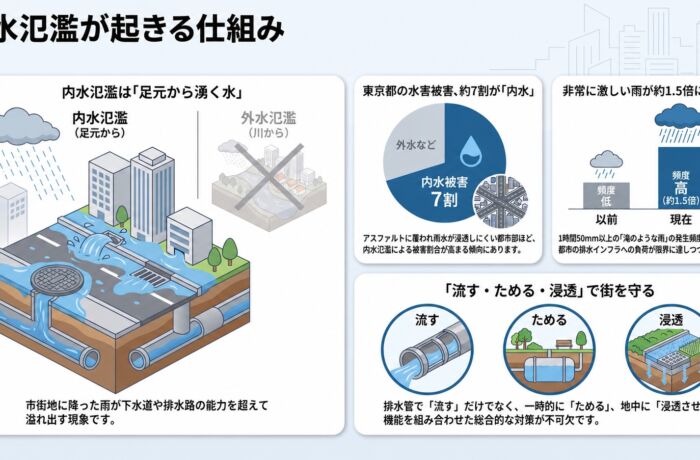 【内水氾濫】排水能力を超える雨と都市浸水